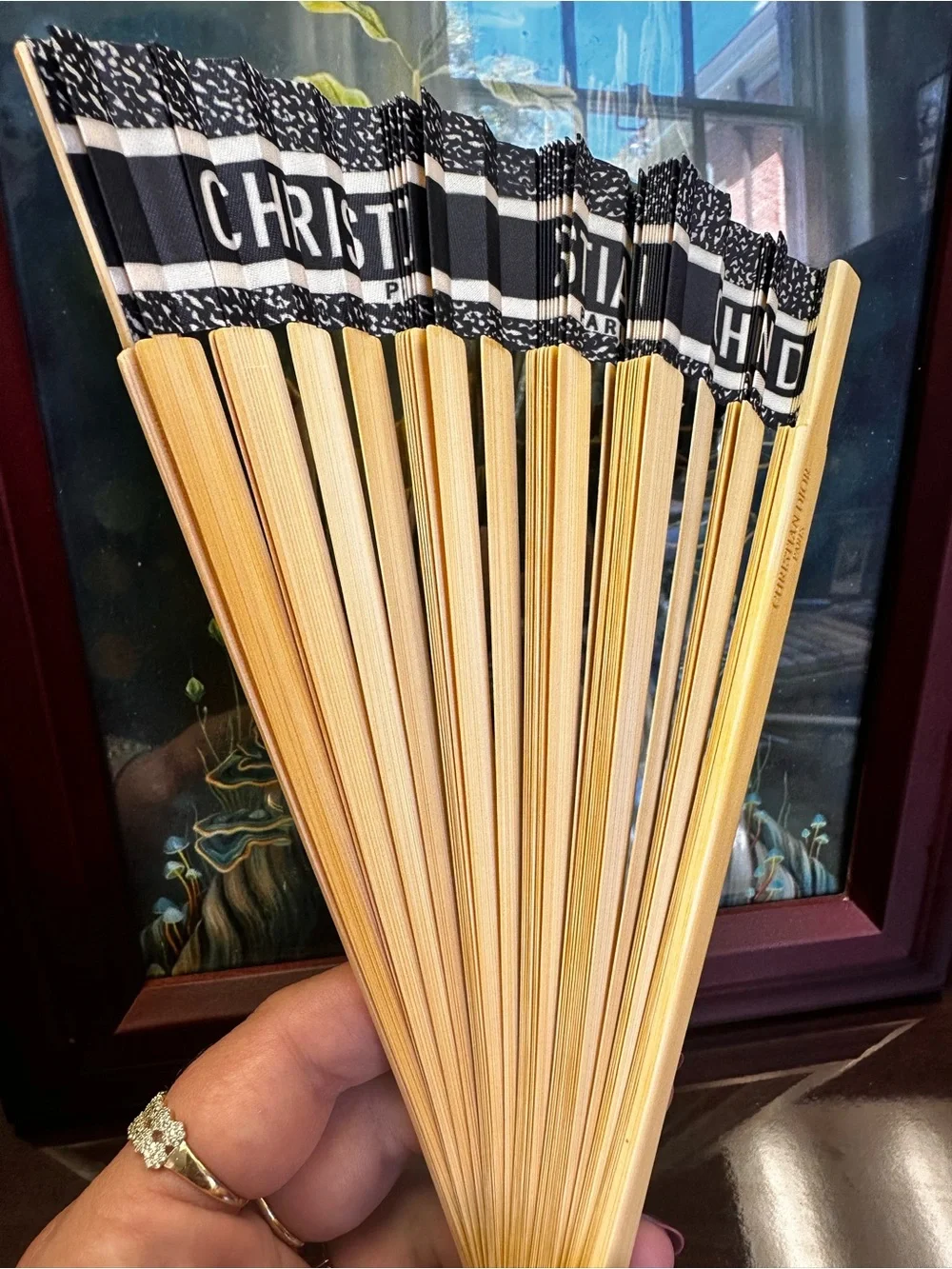 Christian Dior Riviera Black and Beige Bamboo Folding Wall Fan with CD trim